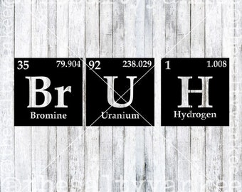 May include: Three black and white periodic table element squares with the chemical symbols Br, U, and H. The atomic numbers and atomic weights are listed above the symbols. The names of the elements are listed below the symbols. The elements are bromine, uranium, and hydrogen.