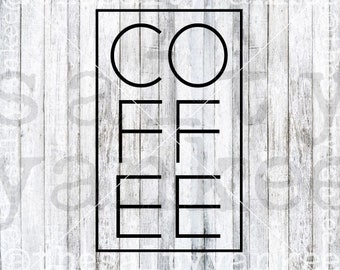 May include: Black and white graphic design of the word "COFFEE" in a rectangular frame.