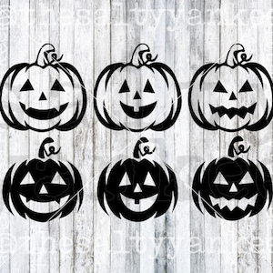May include: Six black and white pumpkin silhouette images with different facial expressions. The pumpkins are all the same size and shape, but have different facial features. The pumpkins are all facing forward.