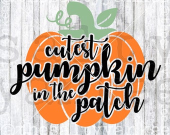 May include: Orange pumpkin with a green stem and leaves. The text "cutest pumpkin in the patch" is written in black cursive lettering.