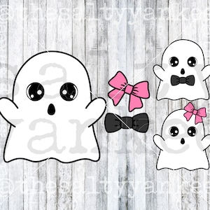 May include: Two white ghost illustrations with black eyes and mouths. One ghost has a pink bow and the other has a black bow tie.