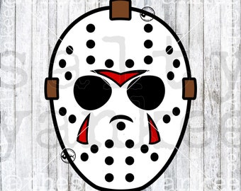 May include: A white hockey mask with black dots and red accents. The mask has a frown and black eyes.