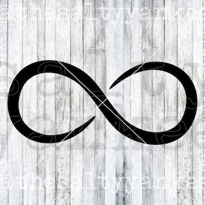 May include: A black infinity symbol on a white wood background.