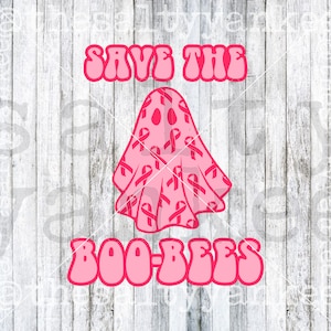 May include: Pink ghost with a pink ribbon pattern, with the text "SAVE THE BOO-BEES" in pink letters.
