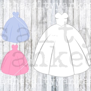May include: Three different styles of ball gown dresses. The first dress is light blue, the second dress is pink, and the third dress is white.