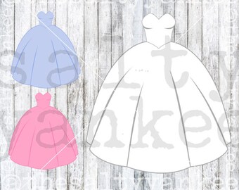 May include: Three different styles of ball gown dresses. The first dress is light blue, the second dress is pink, and the third dress is white.