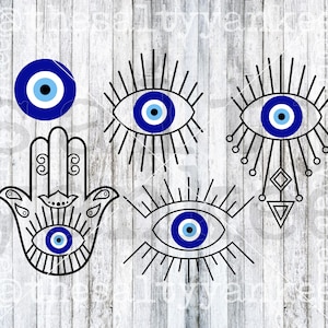 Könnte beinhalten: Fünf verschiedene Designs des bösen Blicks, ein Symbol für Schutz vor negativer Energie. Die Designs beinhalten ein einzelnes böses Auge, ein böses Auge in einer Hand und drei verschiedene böse Augen mit dekorativen Elementen.