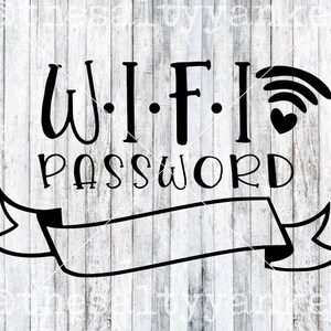 May include: Black and white graphic design with the text "WIFI PASSWORD" and a wifi symbol with a heart. The text is displayed on a banner with a blank space for text.