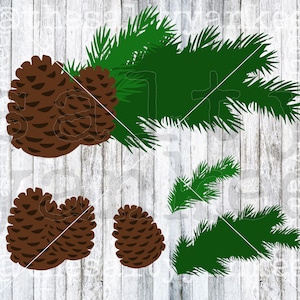 Winter Pine Cones and Pine Tree Branches Christmas Tree Pieces Clipart SVG Layered File Download