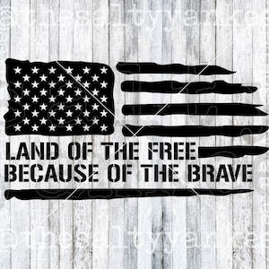 May include: Black and white distressed American flag design with the text "Land of the Free Because of the Brave".