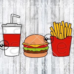May include: A cartoon illustration of a red and white soda cup with a straw, a yellow and brown hamburger, and a red and yellow box of french fries. The illustration is on a white wood background.