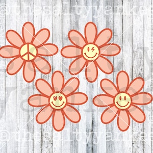 May include: Four peach-colored daisy flowers with different yellow smiley faces in the center. The smiley faces include a peace sign, a lightning bolt, two hearts, and a simple smile.