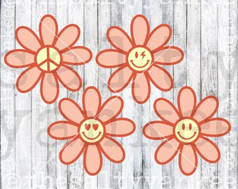 Smiley Face Peace Sign Daisy Daisies Flowers Groovy 70s Disco Layered SVG File Download