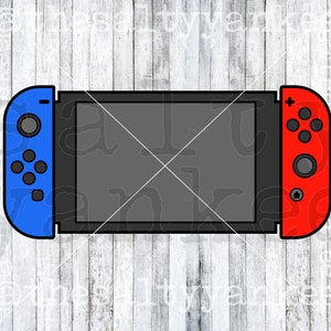 May include: A blue and red Nintendo Switch gaming console with a black screen. The console has a blue left joy-con and a red right joy-con.