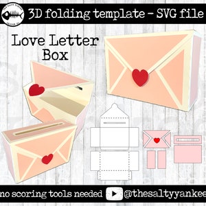 May include: A printable 3D folding template for a love letter box. The template is in the shape of an envelope with a heart on the front. The template is designed to be cut out and folded into a box. The text "Love Letter Box" is at the top of the image. The text "no scoring tools needed" is at the bottom of the image. The text "@thesaltyyankee" is also at the bottom of the image.