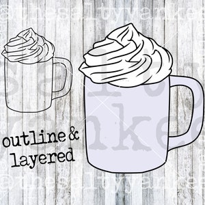 May include: Outline and layered SVG cut file of a coffee mug with whipped cream on top. The mug is light blue and the whipped cream is white.