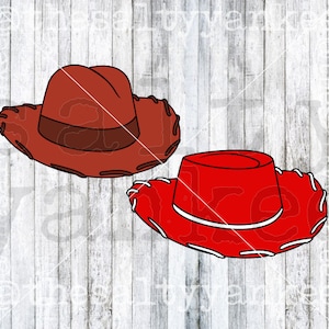 Puede incluir: Dos sombreros de vaquero, uno rojo y otro marrón, con costuras blancas alrededor del borde.