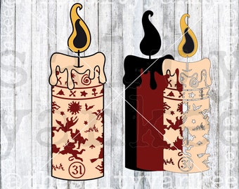 May include: Three Halloween-themed candles with a cream-colored base and dripping wax. The candles have a flame with yellow and black accents. The candle bodies are decorated with red silhouettes of bats, suns, and other spooky shapes. Each candle has the number 31.