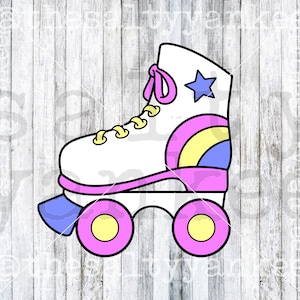 May include: White roller skate with pink, yellow, and blue accents. The skate has a star on the side and a rainbow design on the back.