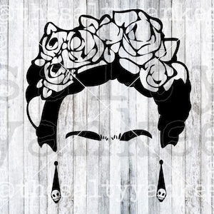 May include: Black and white silhouette of Frida Kahlo with a flower crown and skull earrings.