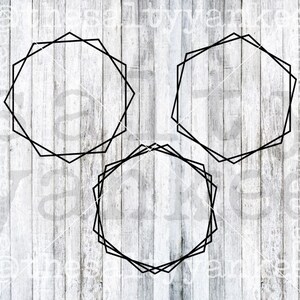 Könnte beinhalten: Drei schwarze geometrische Rahmen vor einem weißen Holzmaserungshintergrund. Die Rahmen sind alle in verschiedenen Formen und Größen.