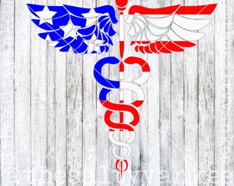May include: A red, white, and blue American flag design is incorporated into the traditional medical symbol, the caduceus, with wings and a snake wrapped around a staff. The background is a white woodgrain pattern.