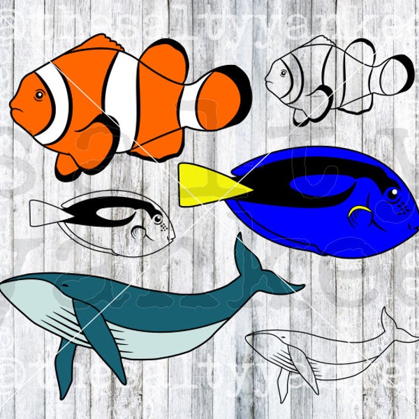 Realistic Sea Creatures Clownfish Blue Tang Humpback Whale SVG Layered File Download