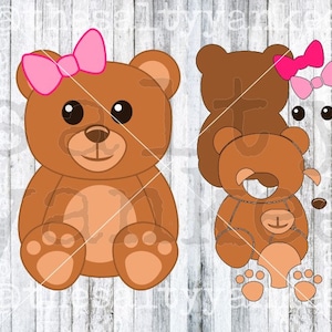 May include: A brown teddy bear with a pink bow on its head. The bear is sitting with its legs crossed and has a big smile on its face. The bear is made up of separate pieces that can be assembled.