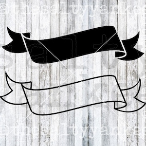May include: Two black and white ribbon banners with a simple design. The banners are blank and ready to be customized with text or images.