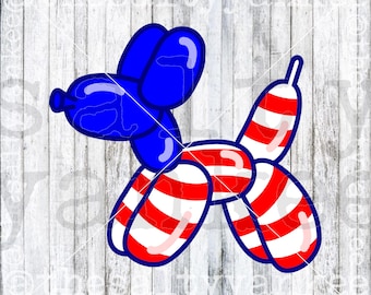 May include: A cartoon illustration of a balloon dog in red, white, and blue. The dog's head is blue, and the body is red and white striped, with a white outline. The design is reminiscent of the American flag.