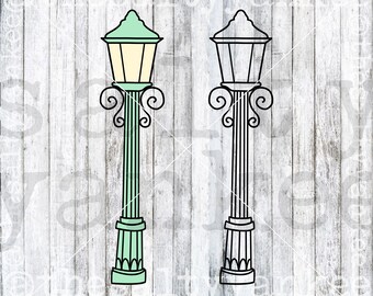 May include: Two black line drawings of street lamps with ornate details. The lamp on the left is colored in a light green. Both lamps have a rounded top and a decorative base.