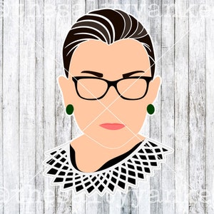 May include: A black and white illustration of a woman with short, dark hair wearing glasses and a black and white lace collar. She is wearing green earrings.