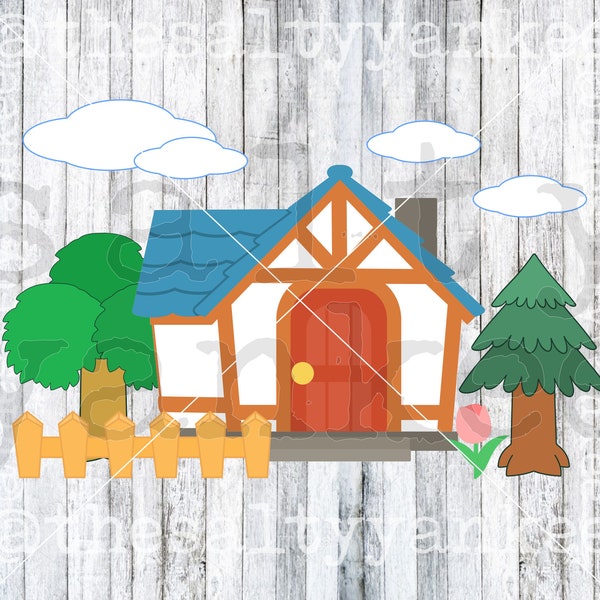 Video Game Inspired House and Landscape Trees Clouds Flower Fence SVG File Download