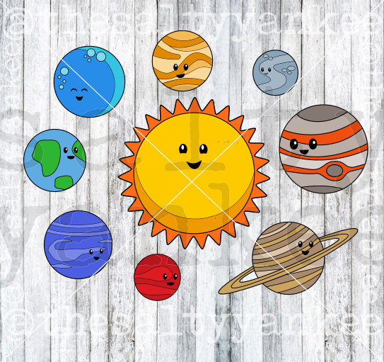 Cute Solar System Planets and Sun Layered SVG File Télécharger