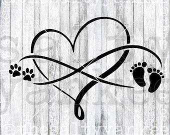 May include: Black and white graphic design of an infinity symbol with a heart in the center. The infinity symbol is adorned with paw prints on one side and baby footprints on the other.