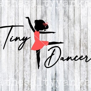 May include: Silhouette of a young dancer in a red dress with the text "Tiny Dancer" in black script.