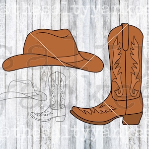 Leather Cowboy Cowgirl Boot and Hat Layered and Outline SVG File Download