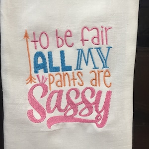 To be fair all my pants are sassy embroidered flour sack towel