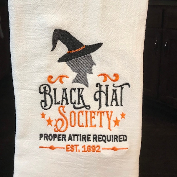 Halloween embroidered flour sack towel witch black hat society | Halloween kitchen towel | Halloween decor | witch kitchen towel |