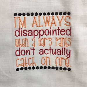 I'm always disappointed when a liars pants don't actually catch on fire embroidered flour sack towel