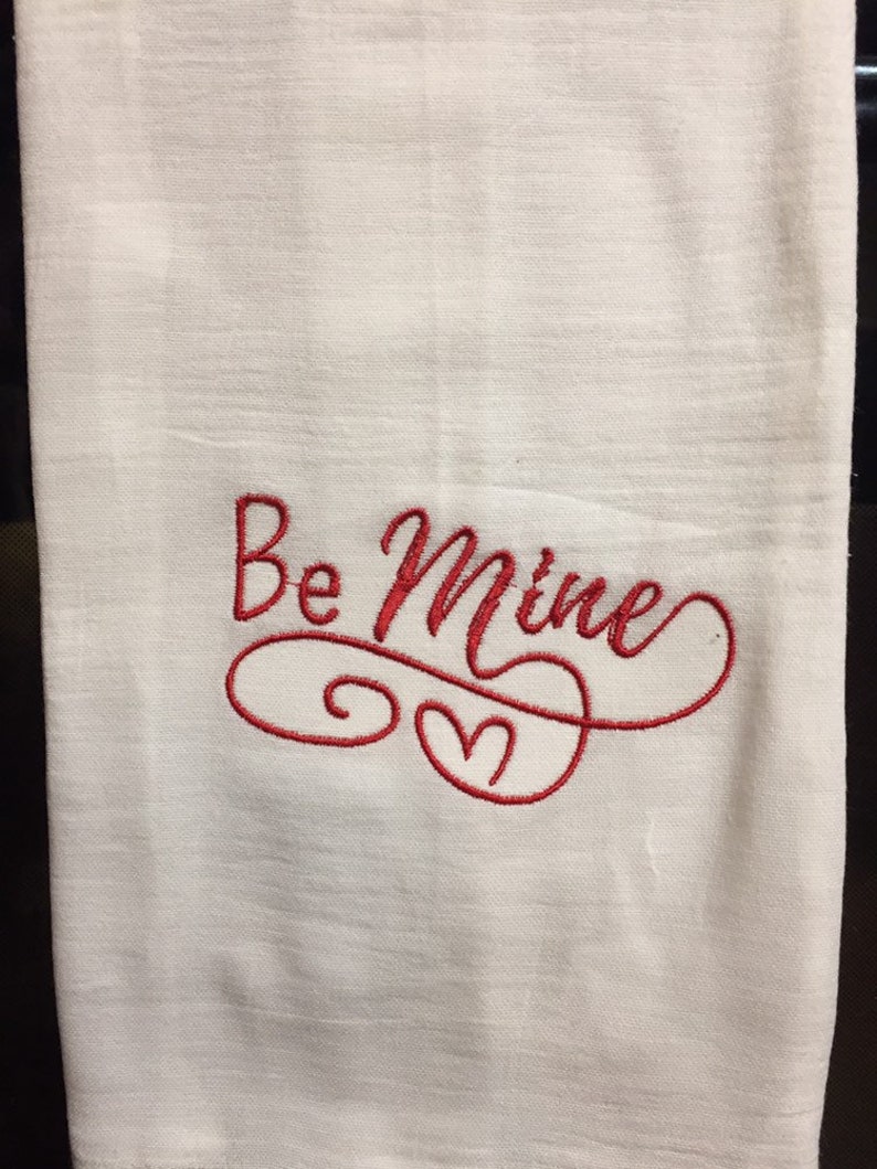 Be mine Valentines Day embroidered flour sack towel image 1