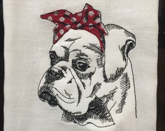 Boxer with bandana embroidered flour sack towel