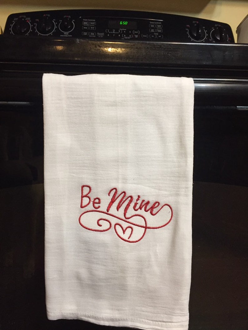Be mine Valentines Day embroidered flour sack towel image 2