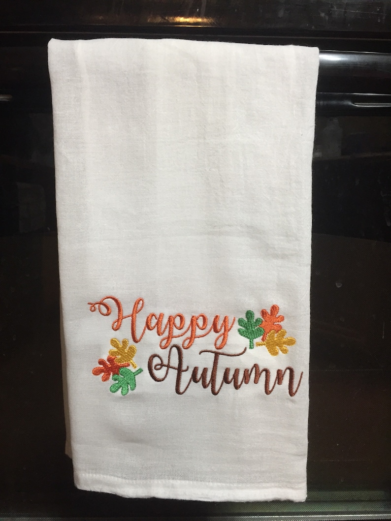 Happy Autumn embroidered flour sack towel