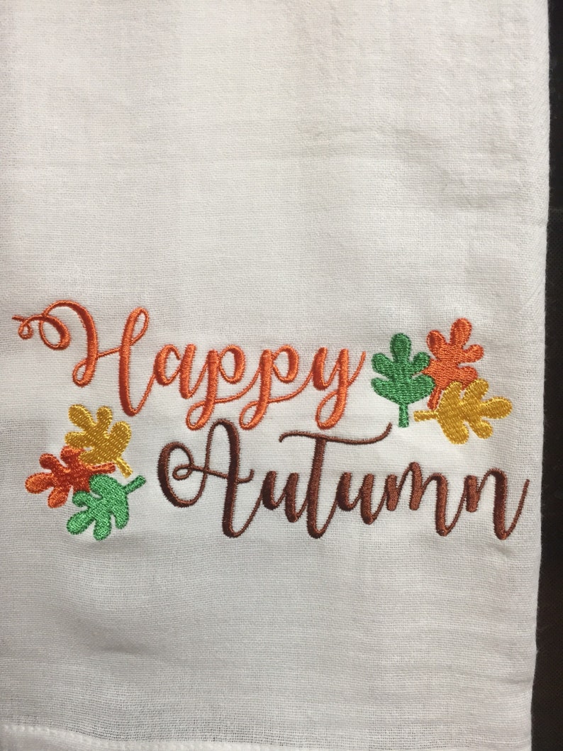 Happy Autumn embroidered flour sack towel