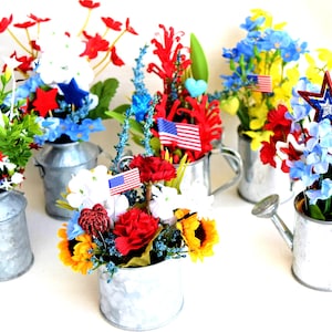 Mini 4th of July Flower Arrangement: Galvanized Tub Watering Can Milk Jug Wheelbarrow Centerpiece