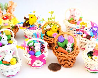 Miniature Easter Baskets, Dollhouse Basket, Easter Bunnies, Eggs and Flowers