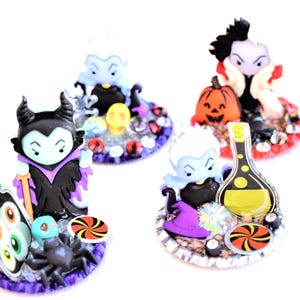 Cruella De Vil, Maleficent and Ursula Miniature Halloween Figurine Scenes and Deluxe Designs with Rhinestones, Some Glow In The Dark!!