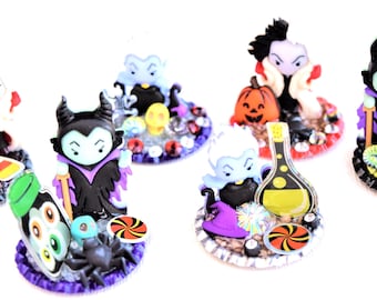 Cruella De Vil, Maleficent and Ursula Miniature Halloween Figurine Scenes and Deluxe Designs with Rhinestones, Some Glow In The Dark!!