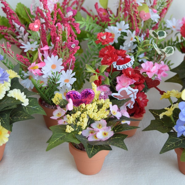 Love Celebration, Hearts, Butterflies And Valentine's Small Flower Pots With Artificial Flowers